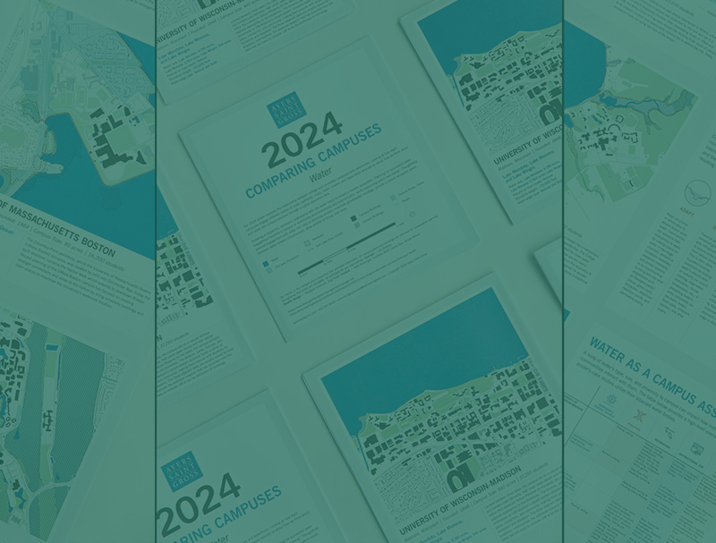 A collection of printed reports and maps about campus planning for 2024, showing diagrams, charts, and text laid out on a flat surface. Awarded the PRINT Magazine First Place Award, the image features a blue-green overlay.